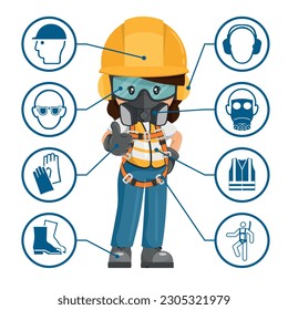 Trabajadora industrial de la construcción con equipo e iconos de protección personal, pictogramas de seguridad. Seguridad industrial y salud ocupacional en el trabajo