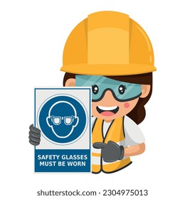 Construction woman industrial worker with warning sign of mandatory use of safety glasses. Safety glasses must be worn. Industrial safety and occupational health at work