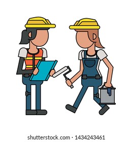 Construction women workers with bucket and pin and worker with clipboard vector illustration graphic design