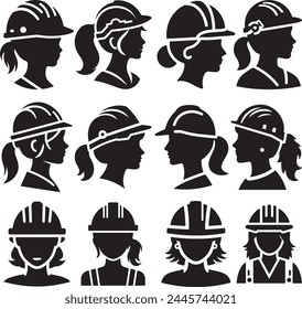 Construction women workers head with safety hard hat vector icon set.