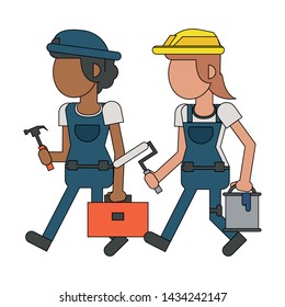 Construction Women Workers With Paint Bucket And Toolbox Vector Illustration Graphic Design