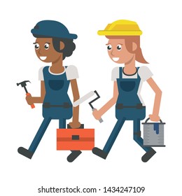 Construction Women Workers With Paint Bucket And Toolbox Vector Illustration Graphic Design