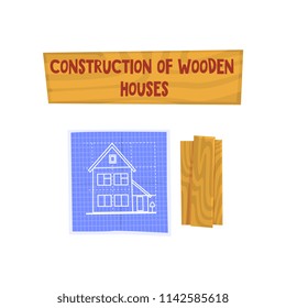 Construction of wooden house, eco building, design element can be used for advertisement poster or banner vector Illustration on a white background