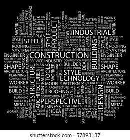 CONSTRUCCIÓN. Composición de palabras sobre fondo negro. Ilustración con diferentes términos de asociación.
