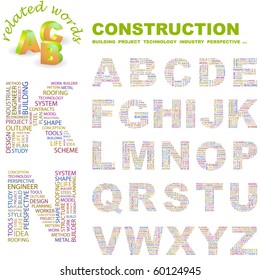 CONSTRUCTION. Word collage on black background. Illustration with different association terms.