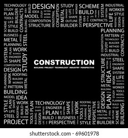 CONSTRUCTION. Word collage on black background. Illustration with different association terms.