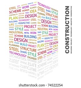 CONSTRUCTION. Word collage on white background. Vector illustration. Illustration with different association terms.