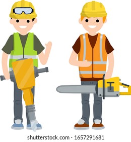 Construction work. Clothing and tools worker. Yellow uniform, gloves, jackhammer, goggles, green vest and helmet. Cartoon flat illustration. Chainsaw and Logger. Maintenance service