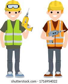 Construction work. Clothing and tools worker with screwdriver and drill. Yellow uniform, gloves, green vest and helmet. Cartoon flat illustration. Maintenance service