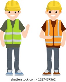 Construction work. Clothing and tools worker. Yellow uniform, gloves, green vest and helmet. Cartoon flat illustration. Maintenance service