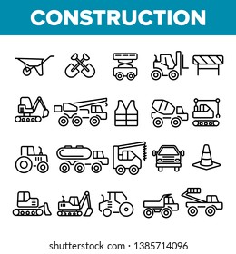 Construction Work Elements Linear Vector Icons Set. Construction, Building Tools, Equipment Pack. Engineering, Heavy Machinery, Transportation Pictograms Collection. Isolated Industrial Outline Signs
