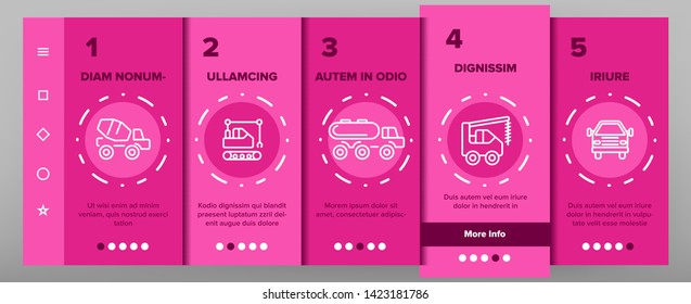 Construction Work Elements Onboarding Mobile App Page Screen Vector Icons Set. Construction, Building Tools, Equipment. Engineering, Heavy Machinery, Transportation. Isolated Industrial Outline Signs