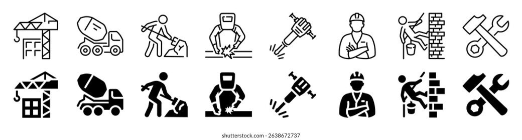 Construction work and heavy tools icon set. Linear and silhouette style.