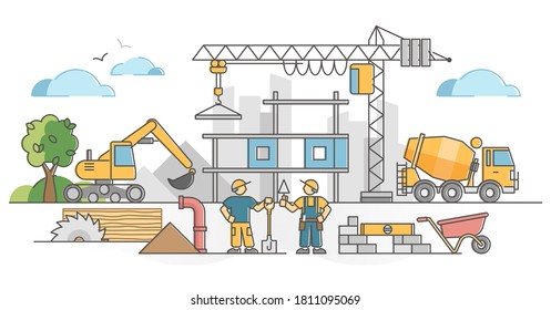 Construction work as house building site with workers scene outline concept. Urban city development with heavy machinery equipment vector illustration. Professional concrete foundation project process