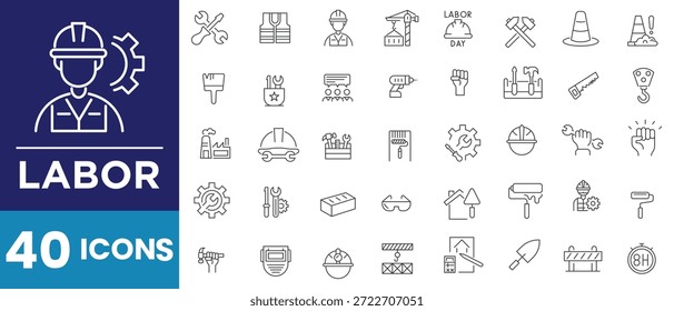 Symbolsatz für Bauarbeiten und Arbeitslinien. Renovierung, Bau, Baumeister, Werkzeug, Helm, Bagger, Rolle, Spachtel, Schubkarre, Projekt und mehr. Gliederungssymbol im linearen Stil. Vektorgrafik