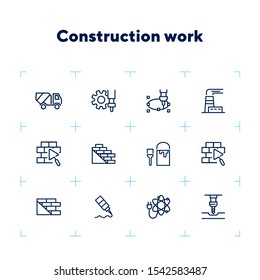 Construction work line icon set. Building brick, paint for wall, concrete mixer machine. Construction concept. Can be used for topics like real estate development, housebuilding, site