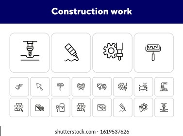 Construction work line icon set. Building brick, paint for wall, concrete mixer machine. Construction concept. Can be used for topics like real estate development, housebuilding, site
