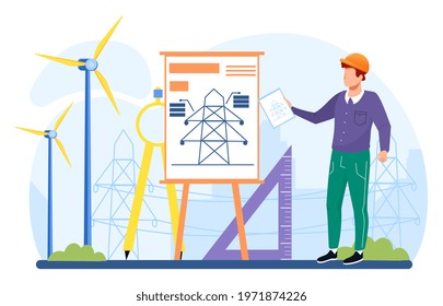 Construction work on power plant station buildings with wind turbines. Clean electric energy from wind renewable sources. Flat cartoon vector illustration concept design. Isolated on white background.