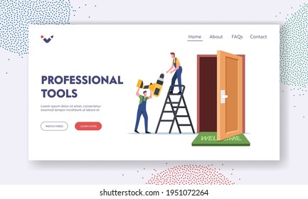 Construction Work Service with Professional Tools Landing Page Template. Carpenters Stand on Ladder with Drill Repairing Door. Master Male Characters Repair Doorway. Cartoon People Vector Illustration