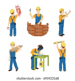 Construction work set on white background. Builders in hardhat with working tools.