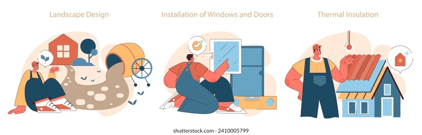 Construction work set. Specialists in landscape design, window installation, and thermal insulation highlight industry versatility. Flat vector illustration