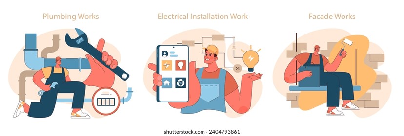 Construction work set. Workers engaged in plumbing, electrical, and facade projects, illustrating the diverse skills of tradespeople. Flat vector illustration