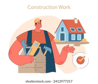 Construction work. A smiling worker with tools highlights home building and repair services, ensuring project success. Flat vector illustration