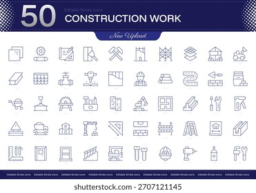 Icono de trazo de trabajo de construcción. Conjunto de iconos de línea de trabajo de construcción. paquete de iconos de trazo editable. Línea, delgado, Paquete de icono de estilo lineal. Totalmente personalizable