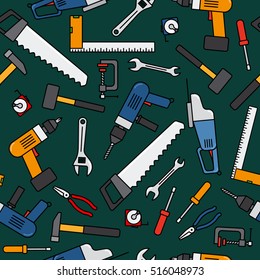 Construction work tools pattern on dark green background. Vector illustration