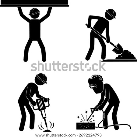 Construction Worker Action Stick Figure Icon Set with Welding, Digging, and Jackhammer