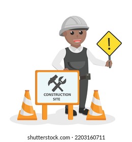 trabajador de la construcción africano Ser cuidadoso personaje de diseño de signos sobre fondo blanco