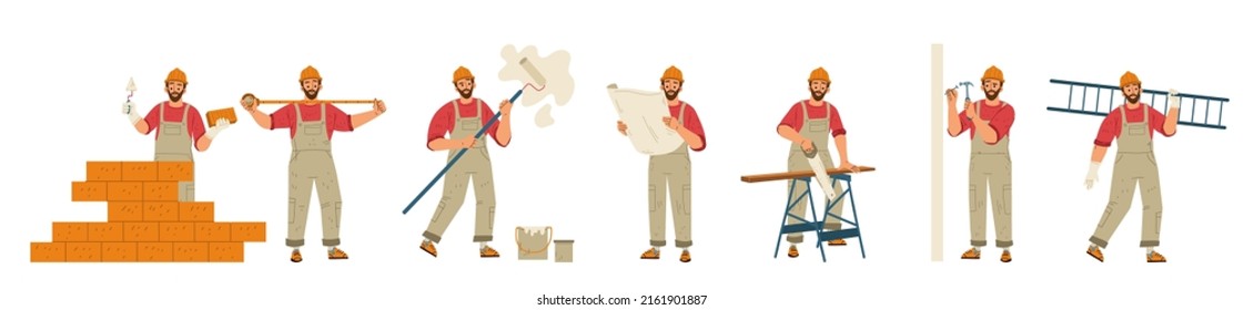 Construction worker, architect with plan and handyman in helmet work with shovel, paint roller and level tool. Vector flat illustration of builder character, repairman with hammer and drill