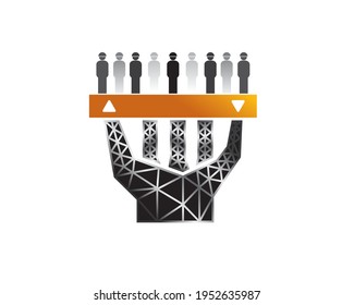 construction worker asociation standing together upon giant steel hand