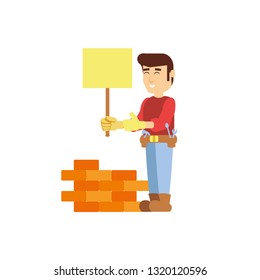 construction worker with banner signal and wall brick