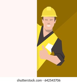 Construction worker behind the blank banner, giving thumbs up. Flat vector illustration.