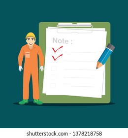 Construction Worker With Big Clipboard And Checklist Vector Illustration