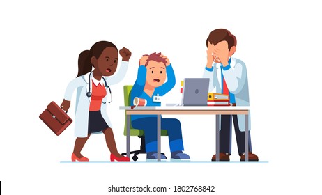 Construction worker big mistake, failure, suffering huge loss. Builder contractor engineer team look at laptop screen woman scream in anger, man tear hair, cry in despair. Flat vector illustration