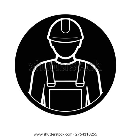 Construction worker black circle icon. Builder in safety helmet and overalls. Professional job.