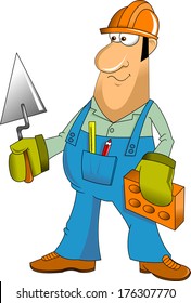 construction worker in blue jumpsuit and yellow helmet, vector and illustration