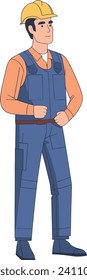 Construction worker in blue overalls and yellow helmet stands confidently. Professional builder or engineer, construction industry representation vector illustration.