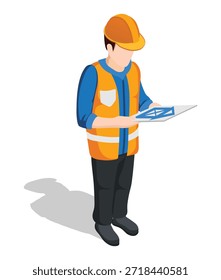 Construction worker with blueprint in isometric view