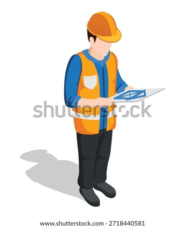 Construction worker with blueprint in isometric view