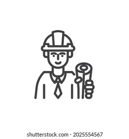 Trabajador de construcción con icono de línea de plano. signo de estilo lineal para concepto móvil y diseño web. Icono de vector de contorno de hombre de arquitecto. Símbolo, ilustración del logotipo. Gráficos vectoriales