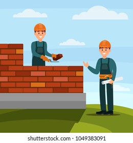 Construction worker bricklayer making a brickwork with trowel and cement mortar, foreman supervising his work on nature background flat vector illustration