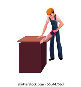 Construction worker, builder, carpenter sawing wooden plank, cartoon vector illustration isolated on white background. Full length portrait of builder, carpenter, worker working with a saw