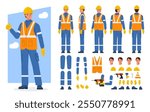 Construction worker, builder in helmet, vest, uniform. Character constructor for animation. Front, side and back view set. Body parts, postures, poses collection. Vector illustration.