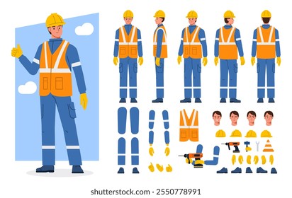 Trabajador de la construcción, constructor en casco, chaleco, uniforme. Constructor de personajes para animación. Conjunto de vista frontal, lateral y trasera. Partes del cuerpo, posturas, poses de colección. Ilustración vectorial.