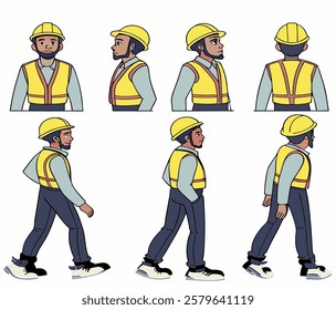 Construction worker, builder in helmet, vest, uniform. Character constructor for animation. Front, side and back view set. Body parts, postures, poses collection. 