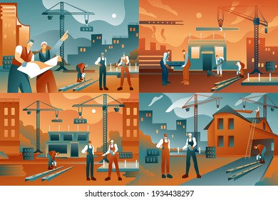 Construction worker, Builder illustrations set. A group of builders at a construction site. Flat vector illustration. Construction industry concept. Professional cartoon contractors and engineers.