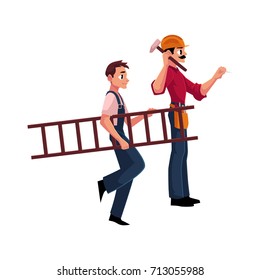 Construction worker, builder in jumpsuit carrying ladder, cartoon vector illustration isolated on white background. Full length portrait of smiling builder, construction worker carrying a ladder